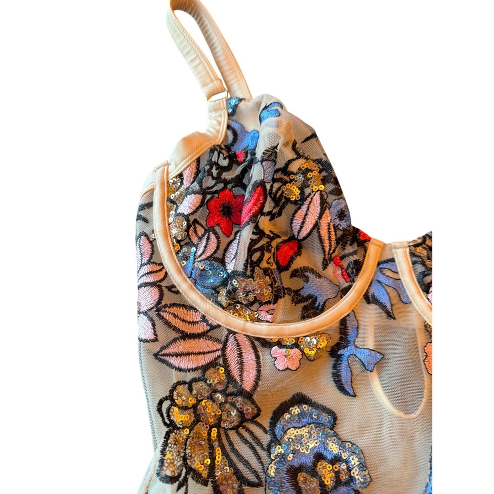 Playful Promises Bodysuit Cream Floral Embroidered Sequin Underwire Mesh 32G - Picture 2 of 6